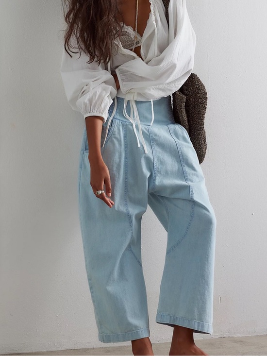Free People Denim - Free People Light Blue Wide-Leg Denim Jeans with Smocked Waist